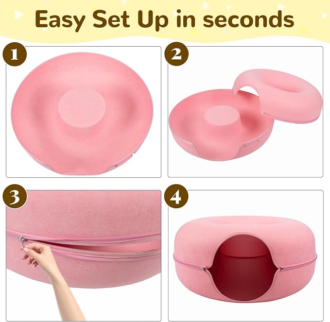 Cat Caves for Indoor Cats, Large Cat Tunnel for Multiple & Large Cats, Scratch Detachable Cave Bed, Kitten Donut Kitty Hideaway Up to 45 Lbs (Pink, Large, 2 Pack)
