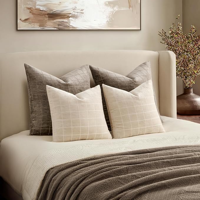 MIULEE Beige Plaid Decorative Throw Pillow Covers 20x20 Set of 2 | Vintage, Check Chenille Couch Pillows, Neutral Boho Farmhouse Cushion Covers, Modern Home Decor for Sofa Bed Living Room