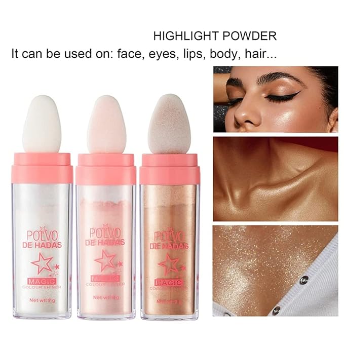 Kayswang Body Glitter Powder Stick Face Highlights Shimmer Face and Body Highlighter Powder with Sponge Head, Magic Colour Shiner Powder for Face Body, Arms, Collarbones and Leg (03#Gold)