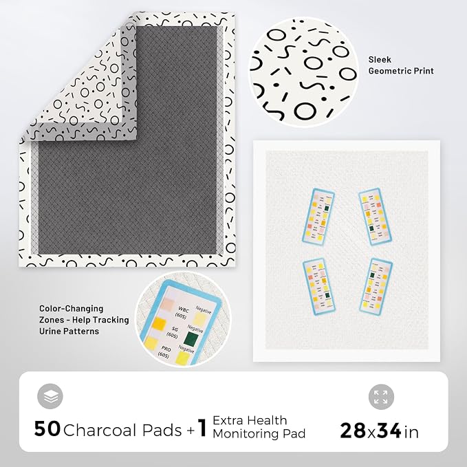 ZOMISIA Charcoal Puppy Pee Pads for Dogs Extra Large, 28"x34" 50 Counts + 1 Extra Health Monitoring Pad - XL Dog Potty Training Pads Disposable, Odor-Control, Super Absorbent & Leak-Proof
