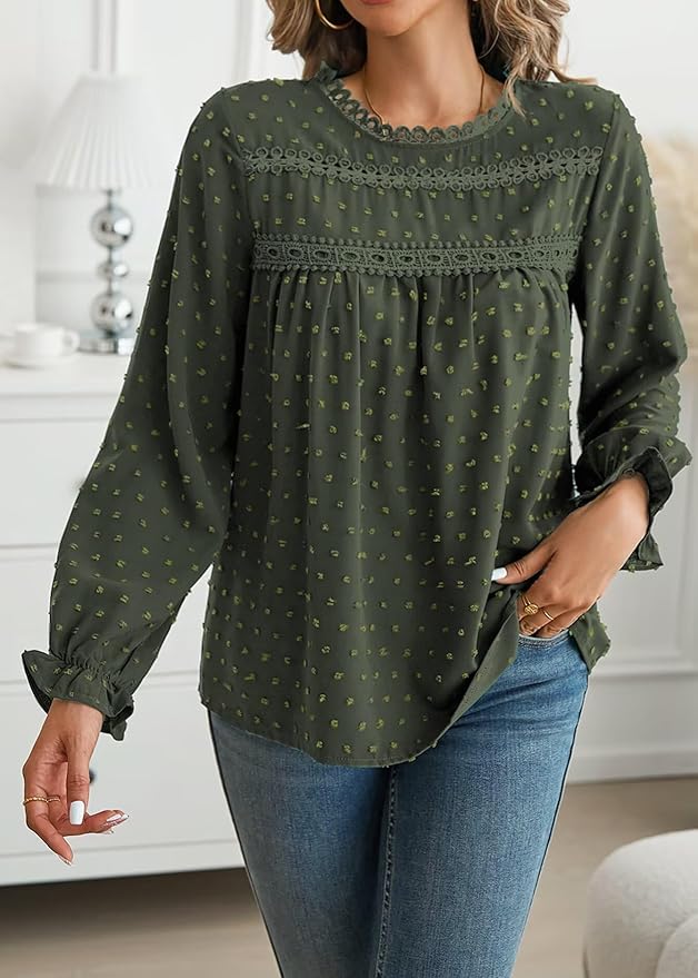 Womens Boho Tops Long Sleeve Shirts For Women Cute Crewneck Blouse Dressy Casual Swiss Dot Crochet Hollow Top 2026