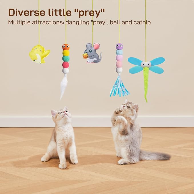 Potaroma Interactive Cat Feather Toys 5 Pcs, Cat Teaser Retractable Hanging Indoor Kitten Play Chase Exercise, Mental Physical Stimulation for All Breeds and Species (Pack of 2)