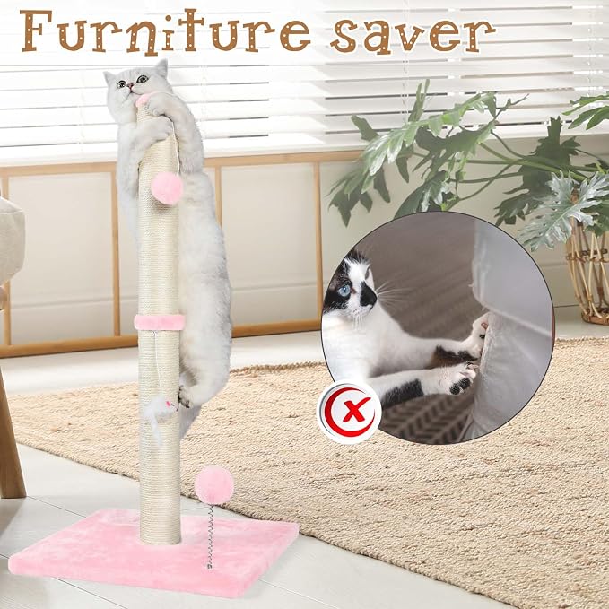 ANWA 32" Tall Sisal Cat Scratching Posts Tree for Indoor Cats Adults, Pink | Sisal Cat Scratcher, Small Space, Cat Post with Dangling Plush Toys for Indoor Cats, 15.7" Stable Base, Cat Furniture