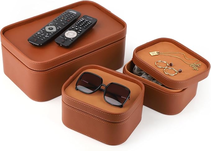 HofferRuffer Faux Leather Decorative Storage Boxes, Dust proof Storage Shelf Baskets with Lids Trays, Storage Bins Memory Box Organizer for Home, Office, Jewelry & More, Set of 3 (Brown)