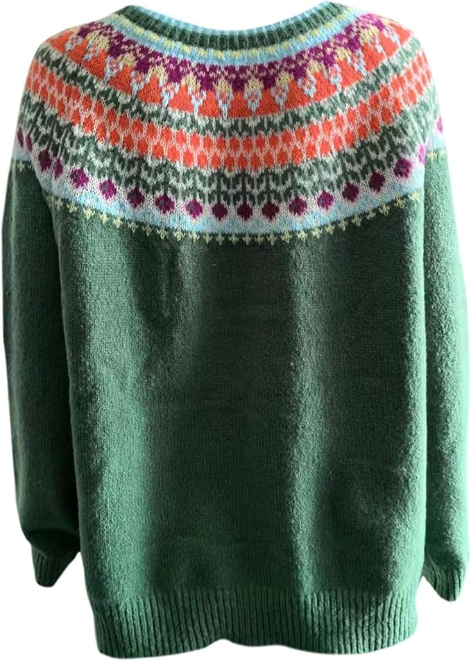 Zhyaj Fair Isle Sweater for Womens Winter Long Sleeve Vintage Knitted Sweater Casual Fall Crew Neck Pullover Sweaters