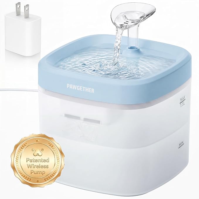 PAWGETHER® Cat Water Fountain with Wireless Pump 51oz/1.5L Dog Water Fountain, Ultra Quiet Automatic Pet Water Fountain Portable Indoor Ourdoor Travel Small Dog Water Dispenser with Adapter Blue