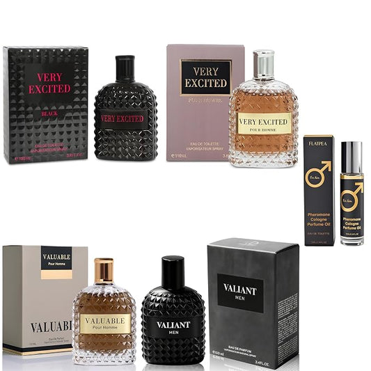 AFLUXE Men's Cologne Gift Set - Variety Pack of 4 Long Lasting Fragrances with 10ml Pheromone Cologne (Valiant Men/Valuable Yellow/Very Excited Yellow/VERY EXCITED)