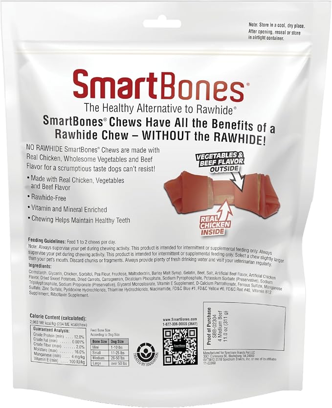 SmartBones Medium Bones Rawhide-Free Dog Treat, Real Beef, 4 Count | With With Real Beef & Chicken, Easy To Digest Chew, Vitamin & Mineral Enriched, Helps Maintain Healthy Teeth, For Medium Dogs