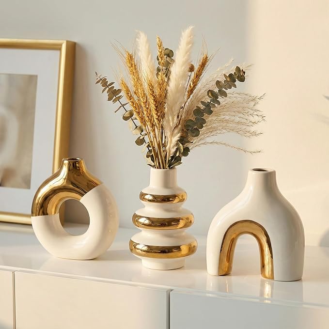 White and Gold Ceramic Vase Set of 3, Flower Vases for Pampas Grass | Modern Boho Vase for Decor, Decorative Vases Centerpieces for Wedding Living Room Bedroom Coffee Table Dinner Table