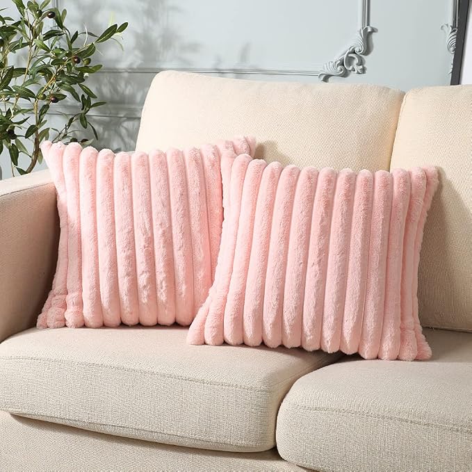 Soleebee Set of 2 Throw Pillow Covers Soft Cozy Velvet Pillowcase Faux Rabbit Fur Cover for Couch Sofa Bed Chair Home Decorative Pillows Cover (20x20 Inch, Pink)