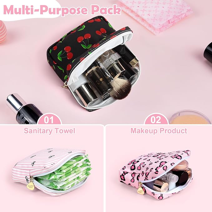 Sanitary Pad Storage Bag Portable Period Bag for Teen Pads/Sanitary Napkins/Small Tampons, Sanitary Napkin Storage Bag First Period Gifts for Teen Girls (Red Cherries)