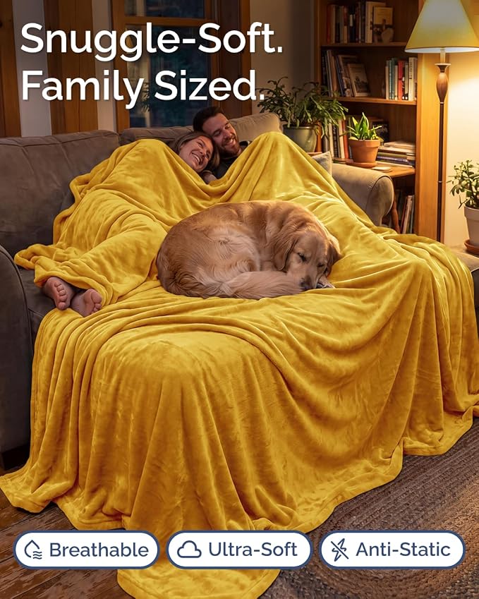 Ultra Soft Fleece Blanket Giant Blanket Size - Flannel Fleece Luxury Blanket - Lightweight for Couch Bed Chair - Thick, Warm and Breathable - All Season Cozy, Gold