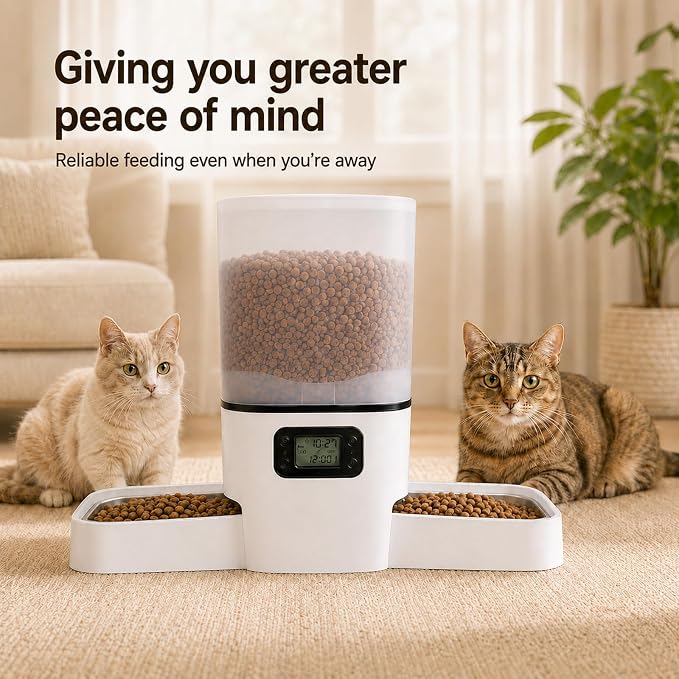 Automatic Cat Feeder for 2 Cats & Small Dog, 6L Large Capacity for Dry Food | Timed Cat Food Dispenser with 2 Stainless Steel Bowl, Dual Power Supply, Detachable & Dishwasher Safe, LED Display Screen