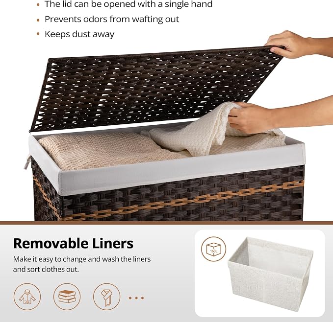 OIAHOMY Storage Basket with Lid, 42.3 Gallon (160L) Blanket Basket with Removable Liner Bag, Synthetic Wicker Hamper with Handle, Hamper for Living Room, Brown