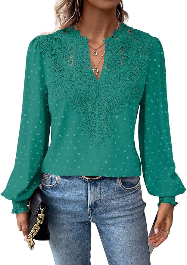 Womens Tops Swiss Dot Boho Long Sleeve Shirts V Neck Casual Chiffon Blouses Flowy Lace Hem Cute Clothing Trendy 2026