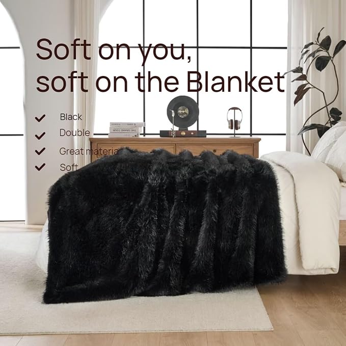 Luxury Fluffy Faux Fur Throw Blanket, Thick Silky Fuzzy Cozy Plush Blanket for Couch, Sofa, Chair, Bed - Black, 60x80 Inches