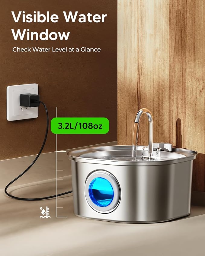 PEKTACO Stainless Steel Cat Water Fountain, 3.2L/108oz with 6 Filters | Cat water dispenser, dishwasher safe, with triple filtration, quiet pump, and visible water window for cats and small pets