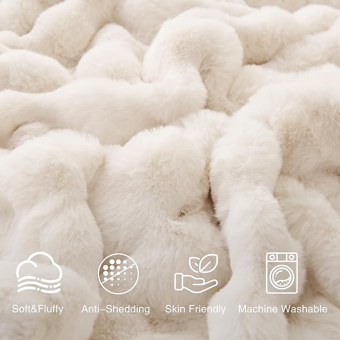 Comelady Soft Fluffy Faux Fur Throw Blanket 50"x60", Bubble Plush Texture | Cream White Thick Fuzzy Throw, No-Shedding, Aesthetic & Cozy for Couch Bed Room Decor, Warm Gift for Women Men Girls