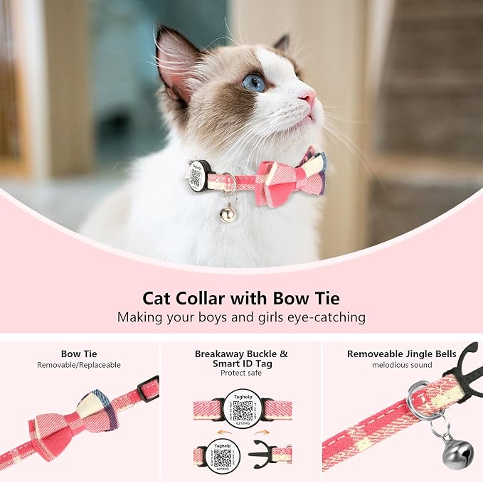Upgraded Cat Collar with Bells, Breakaway Cat Collars with Bow Tie, Girl Boy Safety Plaid Kitten Collars with QR ID Tag for Girl Boy for Cats,QR Code Cat ID Tags - Pet Online Profile (Green)