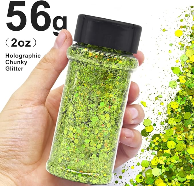 Grass - Light Green - Craft Glitter - 2oz Glitter Shaker Bright Colorful Holographic Mix Chunky Body Glitter Bulk Wholesale 24 Colors in Shaker Cosmetic Glitter - EBLB601