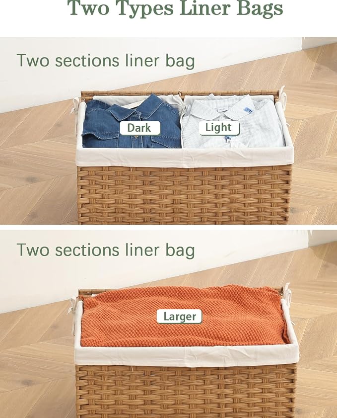 SETVSON Storage Basket with Lid, 2-Lid PE Rattan Storage Bin, Natural | 160L Storage Bin with 2 Separate Lids, 2 Removable Liners for Clothes & Blankets, Sturdy Metal Frame, PE Rattan