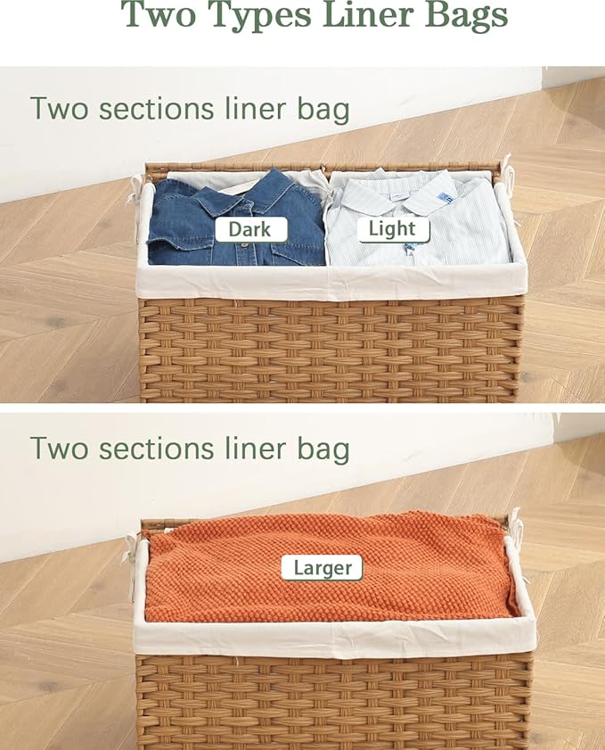SETVSON Storage Basket with Lid, 2-Lid PE Rattan Storage Bin, Natural | 105L Storage Bin with 2 Separate Lids, 2 Removable Liners for Clothes & Blankets, Sturdy Metal Frame, PE Rattan