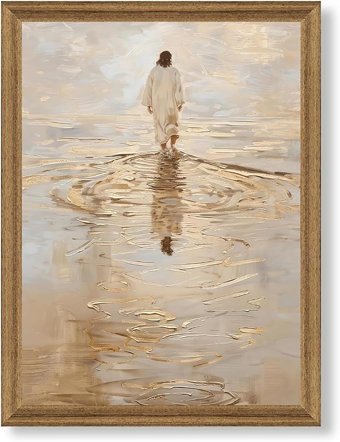 Fantasy Artists Christian Wall Art – Jesus Walking on Water Inspirational Painting, Warm Gold Faith Artwork for Home & Prayer Room, Religious Decor Symbolizing Hope, Trust & Divine Strength, 12W X 16H