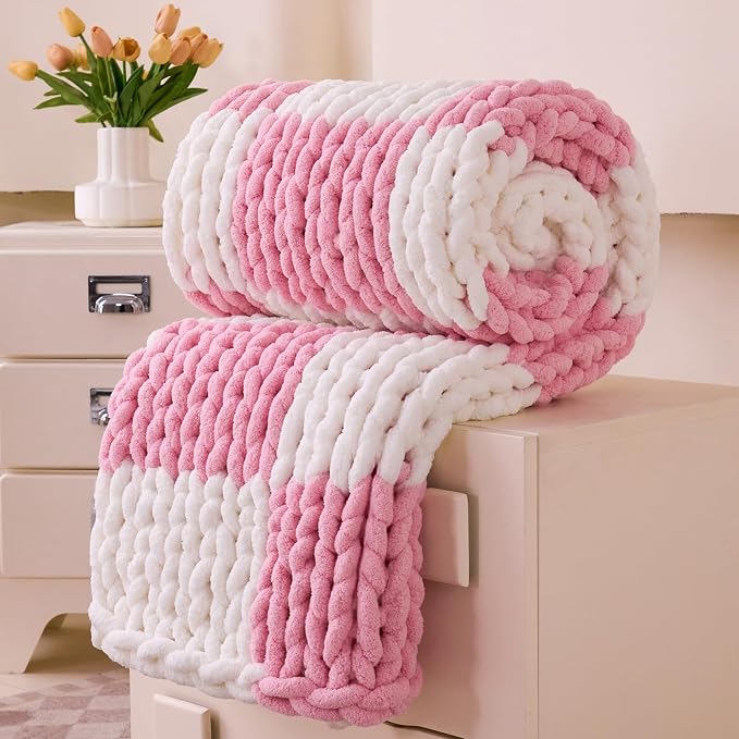Chunky Knit Blanket Throw for Couch, 51"x63" Chunky Yarn Knitted Blankets | 100% Hand Knit Thick Chenille, Soft Breathable for Bed, Sofa, Home Decor, Cozy Gifts for Women Friends, Pink Checkered