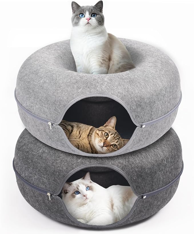 Cat Caves for Indoor Cats, Large Cat Tunnel for Multiple & Large Cats, Scratch Detachable Cave Bed, Kitten Donut Kitty Hideaway Up to 45 Lbs (Dark Grey +Light Grey, Large, 2 Pack)