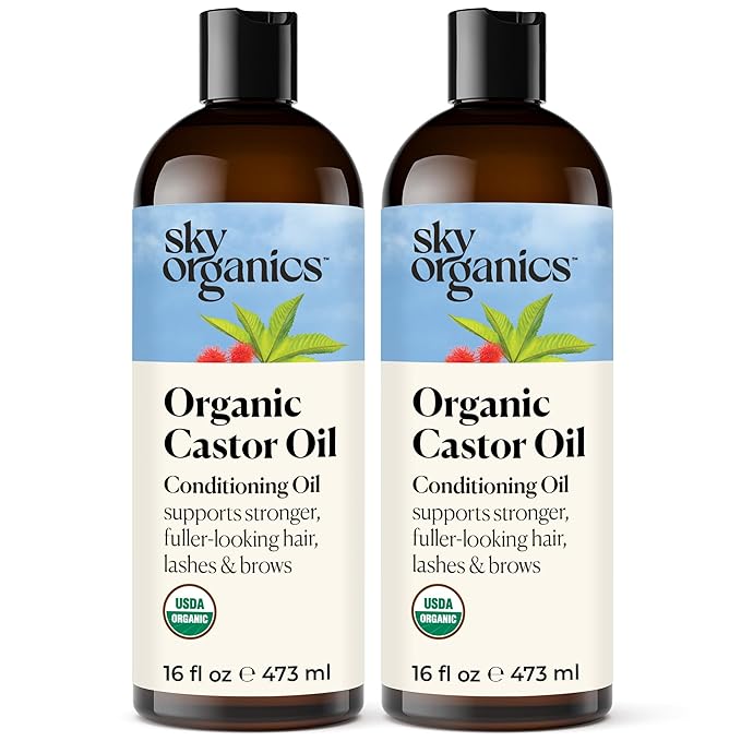 Sky Organics - Castor Oil Organic - Volumizing Hair Oil - Scalp, Lashes, Brows - Pure Castor Oil Cold Pressed - Natural Conditioner - Omega Fatty Acids, Vegan - Beauty, Hair, & Self Care - 8oz, 2 Pack