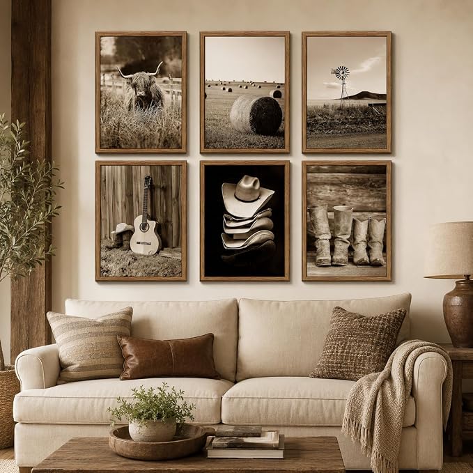 6Pcs Vintage Western Cowboy Wall Art, Highland Cattle Prints, 16" L x 12" W | Rustic Farmhouse Canvas Posters, Country Western Style Wall Decor for Bedroom and Kitchen, Framed