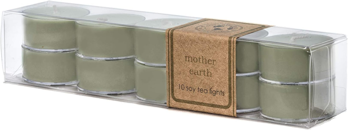 Eco Candle Co. Tea Light Candles, Mother Earth, 10-Pack - Scents of Grass, Hay, Cypress, Patchouli, Sandalwood, & Tonka Bean - Recyclable Plastic Cups, 100% Soy Wax, No Lead, Hand Made, .6 oz. Each | Scents of Grass, Hay, Cypress, Patchouli, Sandalwood...