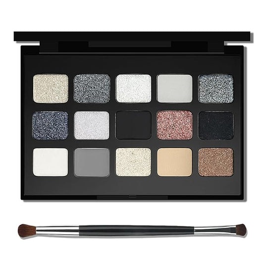 Erinde Smokey Black Eyeshadow Palette, 15 Colors Eyeshadow Pallet with Mirror, Silver Gray White Black Tones Matte Shimmer Eye Shadow Travel Size High Pigmented for Vampire Clown Joker Goth Halloween