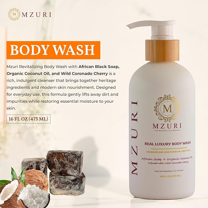 MZURI Body Wash, African Black Soap, Organic Coconut Oil, & Wild Coronado Cherry, Moisturizing, Hydrating, & Gentle Formula for Dry, Sensitive Skin, Shea Butter Luxury Body Wash - 16 Fl. Oz