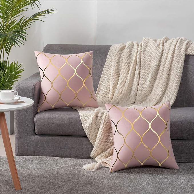 Gold Velvet Throw Pillow Covers: 2 Pack 22x22 Inch Square Decorative Pillow Cases for Bedroom Sofa Couch Living Room, Pink