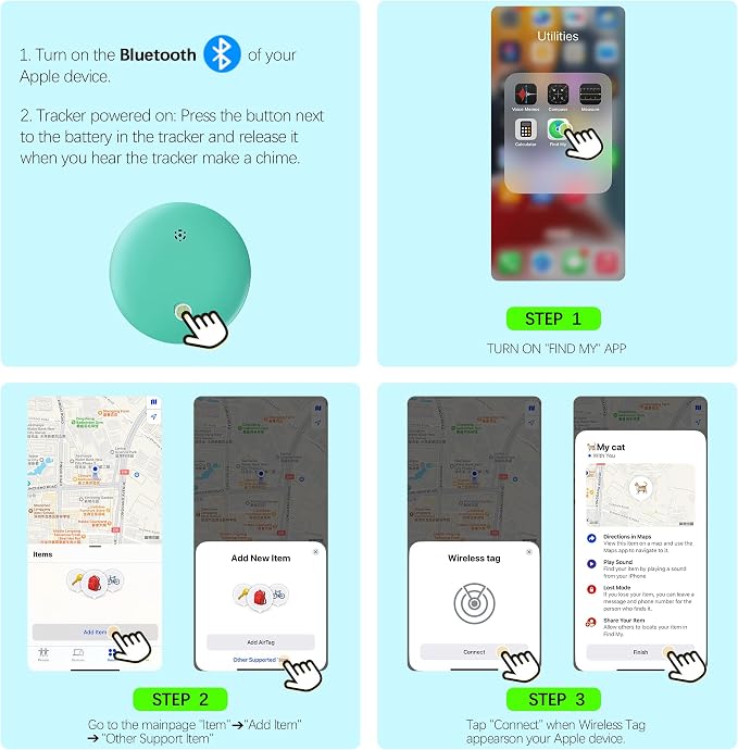 Cat Tracker, GPS Pet Tracker for Cats (Only iOS), Leather Cat Collar with Tracker, Works with Any Collar, No Monthly Fee, Compatible with Apple Find My App not for Android (Olive Green)