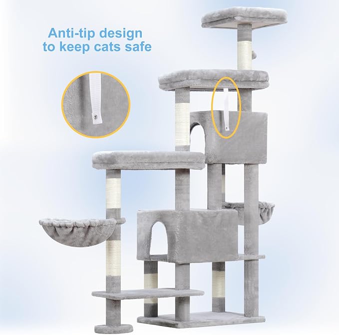 Hey-brother Cat Tree Tower with Stable Extended Base, 3 Platforms, MPJ038W | 70.9 Inches Multi-Level Sisal Scratching Posts, Wide Bed, 2 Cozy Condos, 2 Hammocks, Toy Balls for Indoor Cats, Light Gray