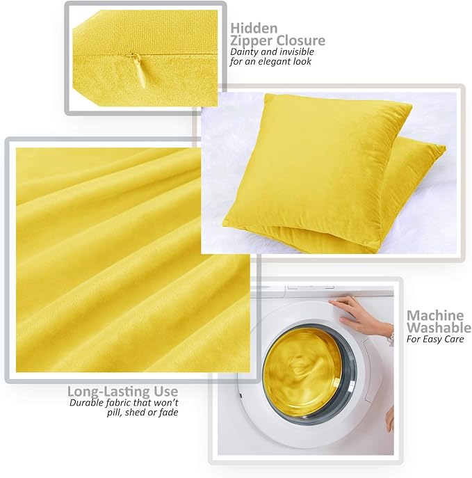 Throw Pillow Inserts Pack of 2 with Velvet Soft Solid Decorative Square Throw Pillow Covers Set for Sofa Couch Car Bedroom, 26X26 Throw Pillows Inserts with 24x24 Washable Cushion Covers, Yellow
