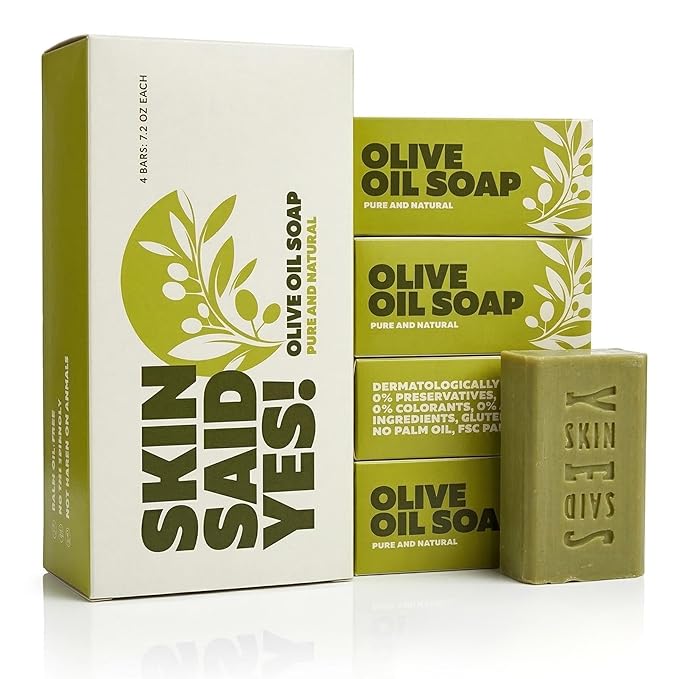 Skin Said Yes Pure Olive Oil Soap Bar 4 Pack | Made in Greece | 7.2 Oz. per Bar - Natural Soap for Hydrating & Nourishing - For All Skin Types - Great for Daily Cleansing & Care