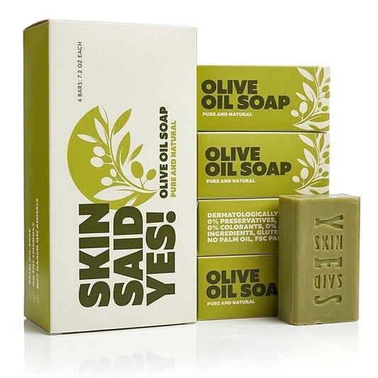 Skin Said Yes Pure Olive Oil Soap Bar 4 Pack | Made in Greece | 7.2 Oz. per Bar - Natural Soap for Hydrating & Nourishing - For All Skin Types - Great for Daily Cleansing & Care