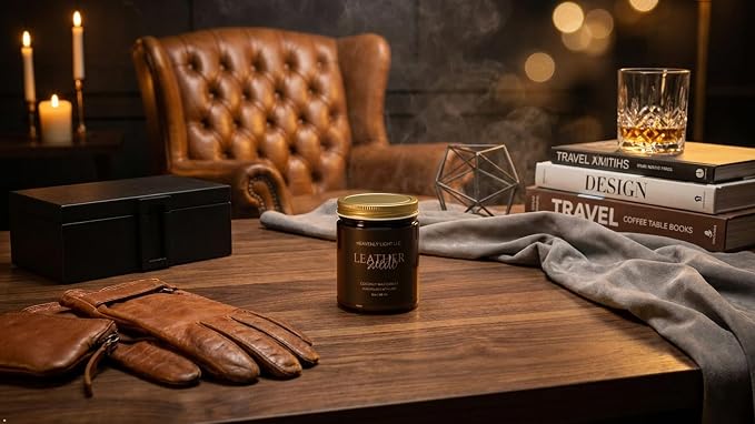 Leather Suede Scented Candle - 9 oz 100% Non-Toxic Coconut Wax Candle in Amber Glass Jar, Hand-Poured Aromatherapy Candle for Home, 50+ Hour Burn Time