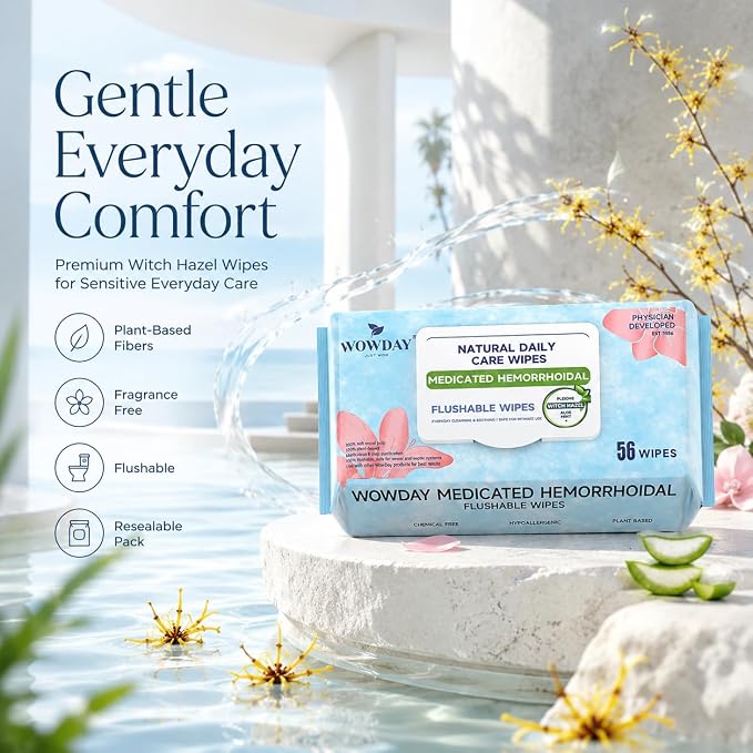 Flushable Hemorrhoid Wipes | Medicated Witch Hazel Wipes Ph Balanced | 240 Count Natural Fragrance Free Adult Hemorrhoids Witch Hazel Wipe for Butt Itch