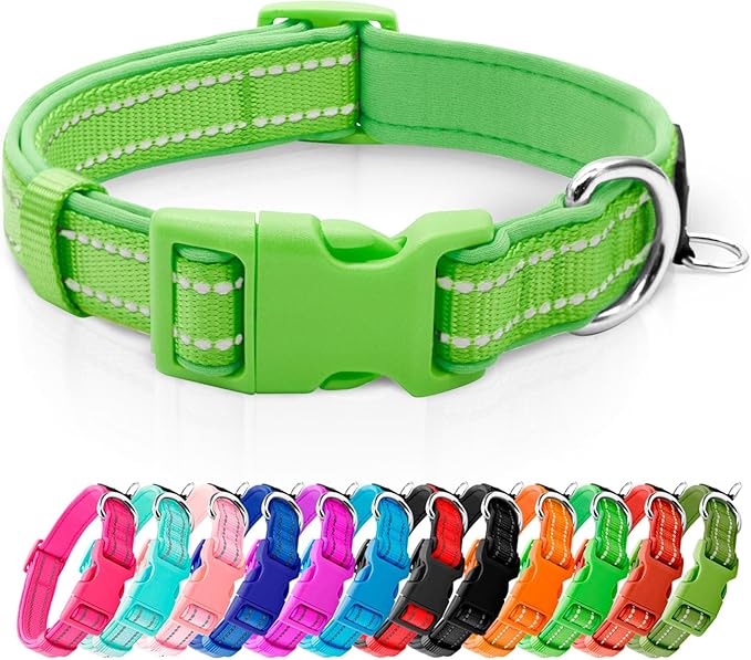 azuza Reflective Dog Collar, Neoprene Padded Medium Dog Collar, Green, M