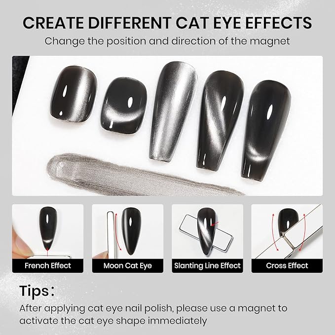 Black Cat Eye Nail Polish Non Gel, Magnetic Nail Polish Lacquer Quick Dry Shimmer Glitter Effect with Magnet Air Fast Dry Manicure DIY Salon 16ml/0.54 oz