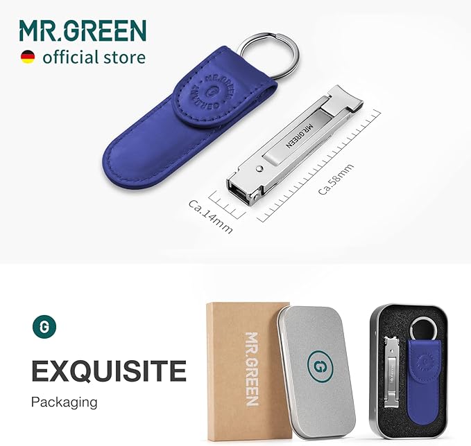 MR.GREEN Collapsible Nail Clippers Small and Thin Portable Travel Nail Scissors Cutter Stainless Steel Manicure Tools with Nail Files (Blue Leather Case+ Iron Box)