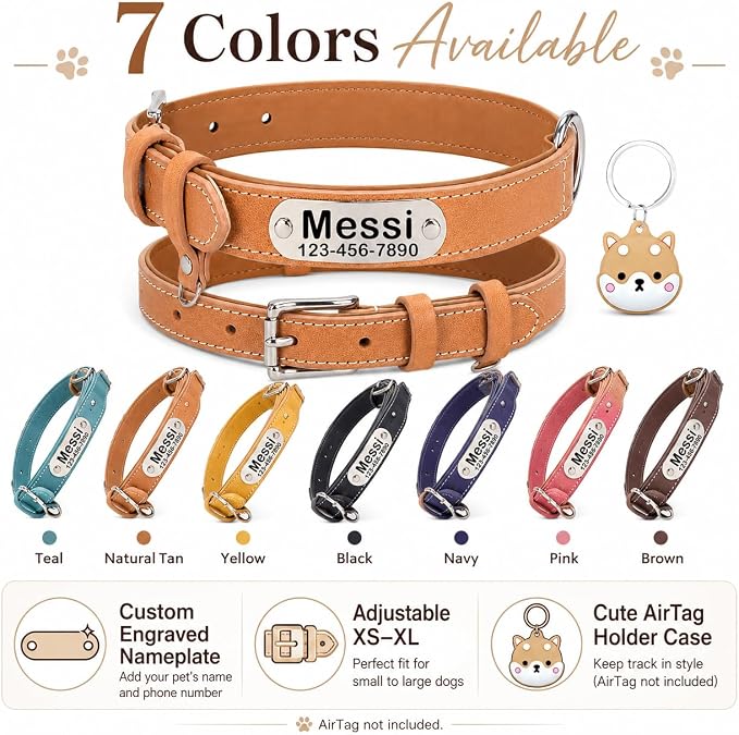 Personalized Genuine Leather Dog Collar with Name Phone Number-Khaki-XS