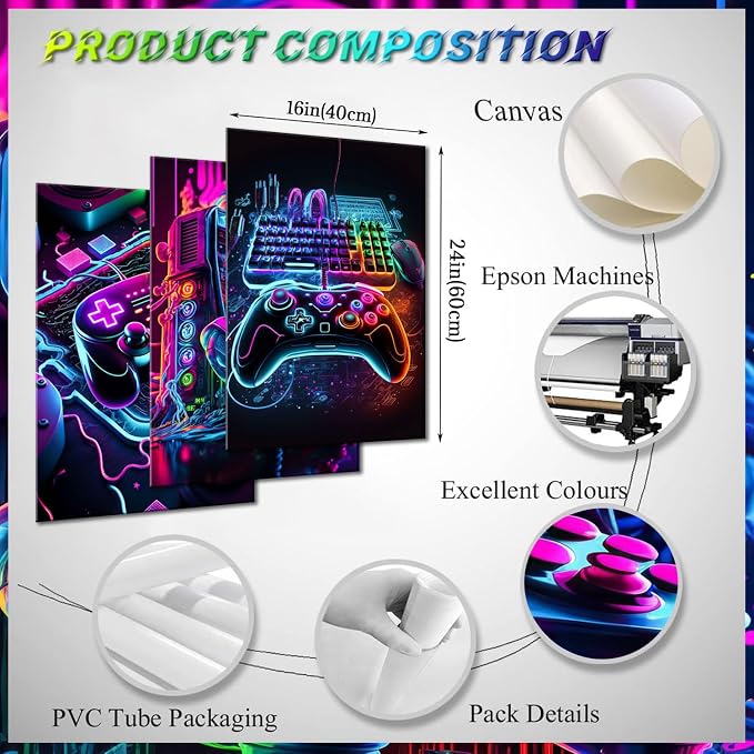 BGFCE Game Room Decor Posters Set of 3 - Neon Gaming Accessories Theme Canvas Wall Art, Gamer Console Paintings Picture Wall Decor for Children Youth Boys Bedroom 16x24 inch Unframed