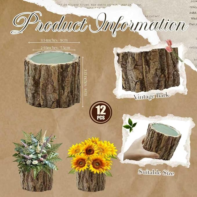 12 Set 3.5in Wooden Vases for Centerpieces, Wedding Flower Table Wood Vase Rustic Tree Stump Planter Pots with Foam Blocks for Woodland Party Home Farmhouse Table Decor (12 Set with Flower Foam)