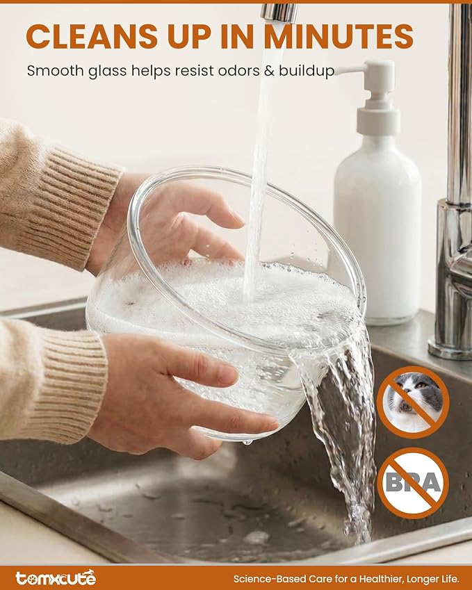 Tomxcute Glass Cat Water Fountain-84oz Dishwasher Safe Cat & Dog Fountain | Borosilicate Glass Bowl,Easy to Clean,Prevents Feline Acne,Ultra Quiet Pump,Warm Light,Gifts for Cats, Dogs