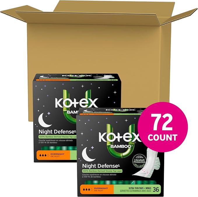 Kotex Bamboo Ultra Thin Overnight Pads with Wings, 72 Count (2 Packs of 36) (Packaging May Vary)